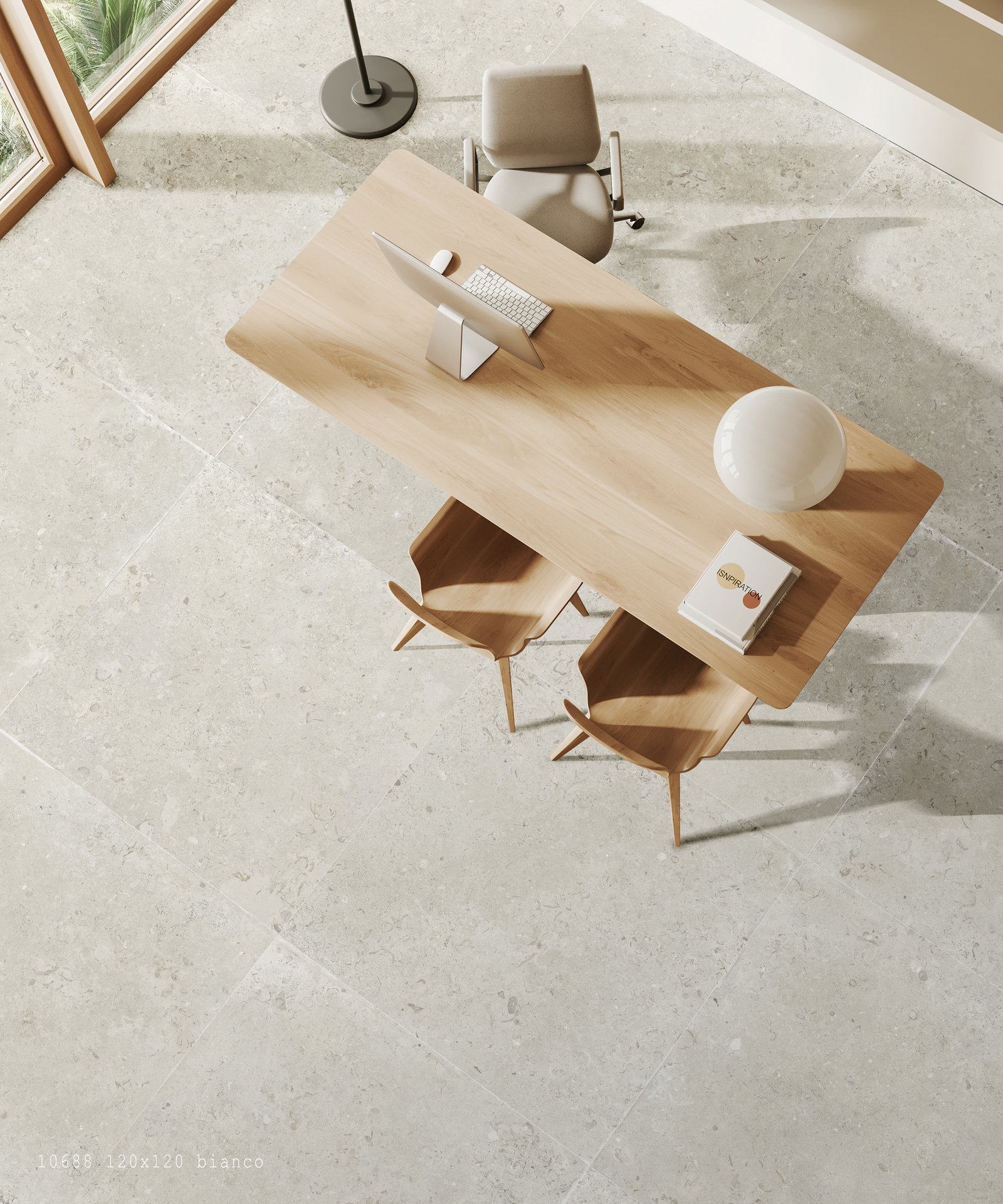 Grand carrelage clair posé dans un espace lumineux avec mobilier bois